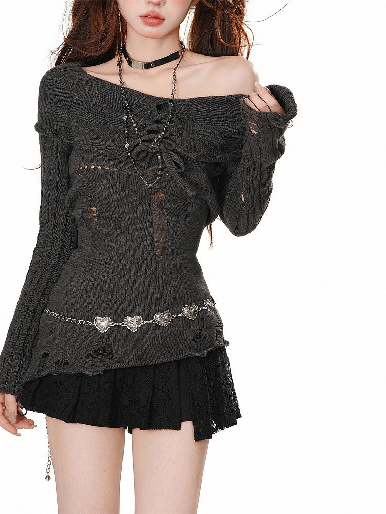Light Grey/Dark Grey Lace-up Detail Distressed Off-Shoulder Knit Top