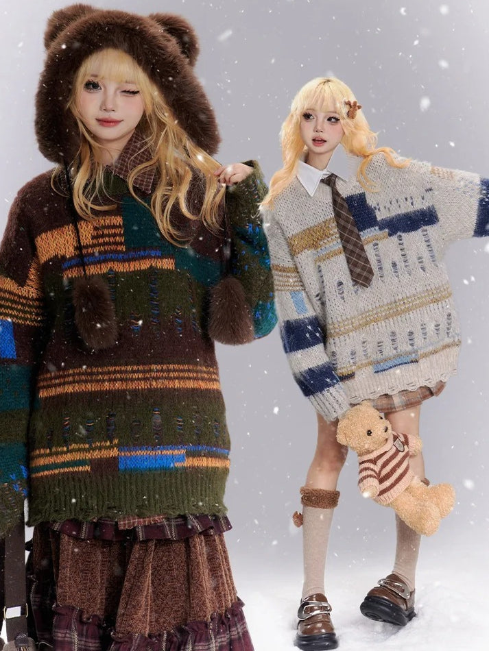 Kaffee/Aprikose Patchwork Distressed Holes Lockerer Pullover