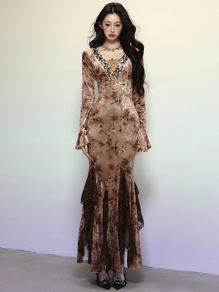 Coffee Sequins V-neck High Waist Lace Patchwork Flounce Mermaid Skirt Velvet Dress Evening Gown