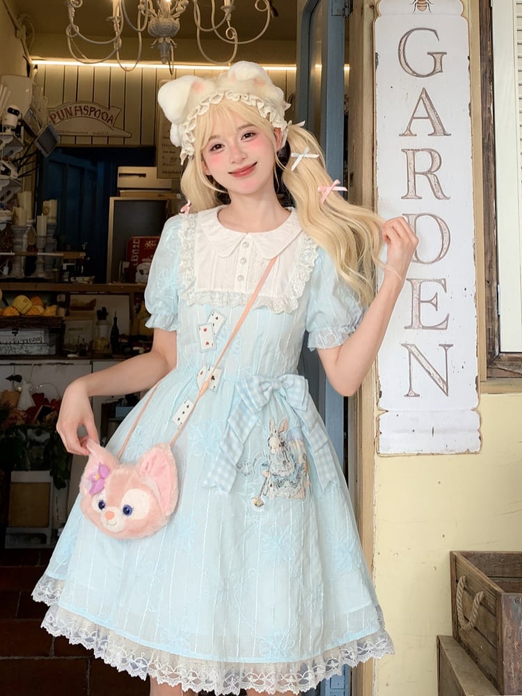 Embroidery Blue Puff Sleeves Dress in Wonderland Vibes Bunny Alice