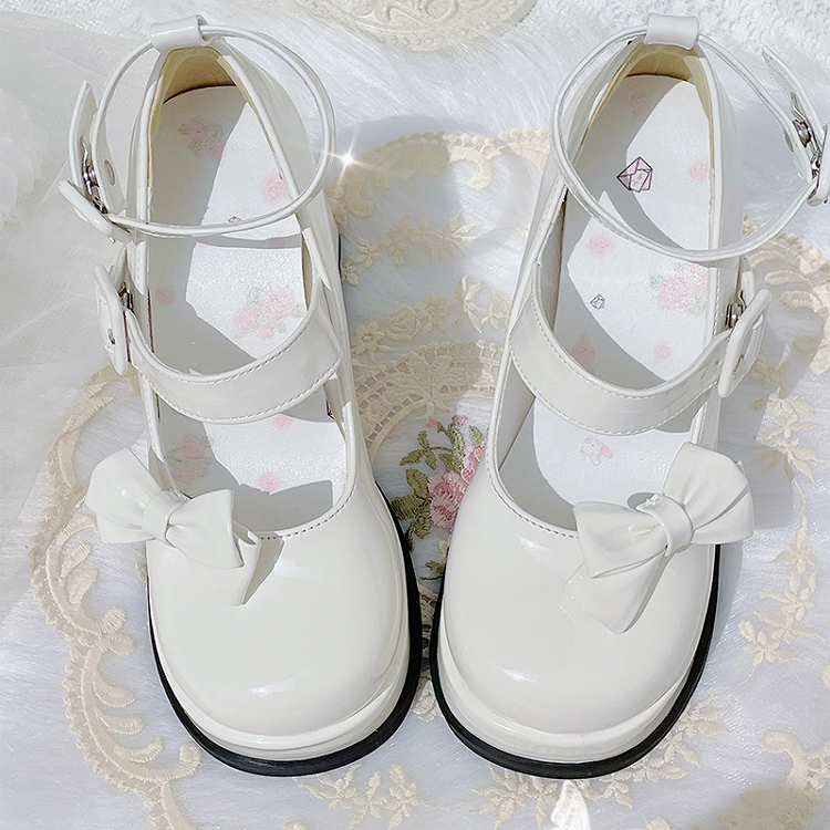 Weiße Lolita-Schuhe mit abnehmbarer Schleife und Plateausohle und hohem Blockabsatz