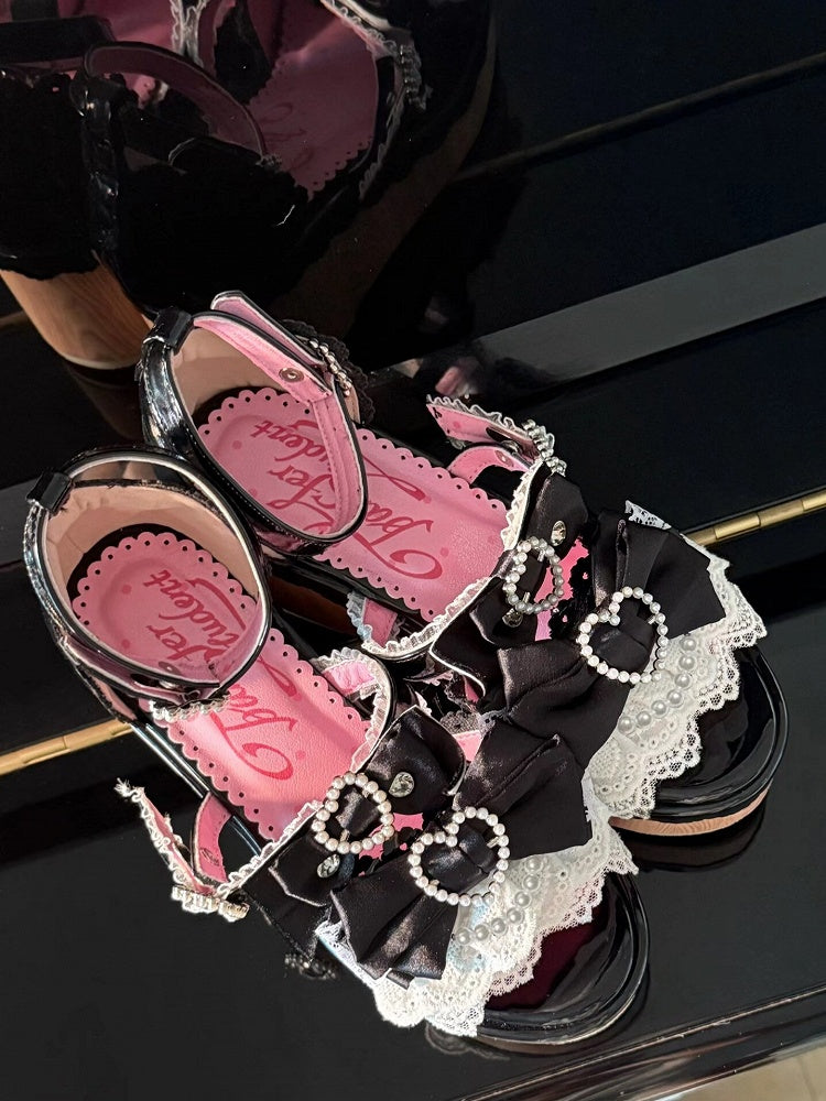 Beaded - Sandals Black Platform Showa-style Buckles Wedge Heart