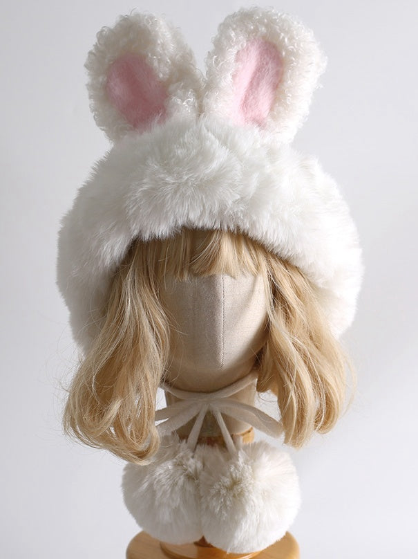 Weißer süßer Lolita-Plüschhut mit Hasenohren und Pompons