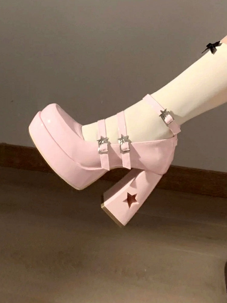 Back Heel Design Cutout in Pink Style - Janes Y2K Bow Moon Star Leather Mary Platform PU