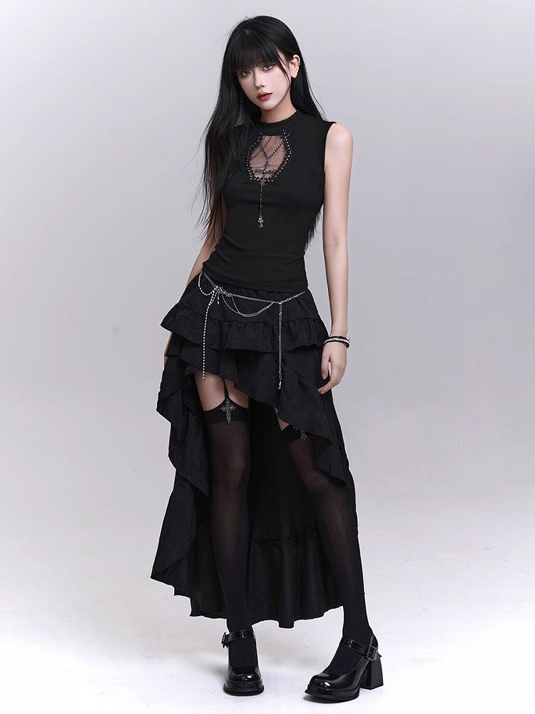 Necklace Tank Top Cross Coffin-Shaped Cutout Black with Studded Free