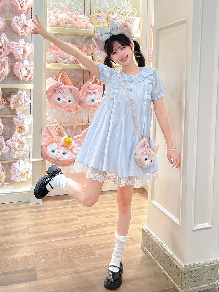 Dress Light Blue Ruffle Collar Puff Sleeves Sweet