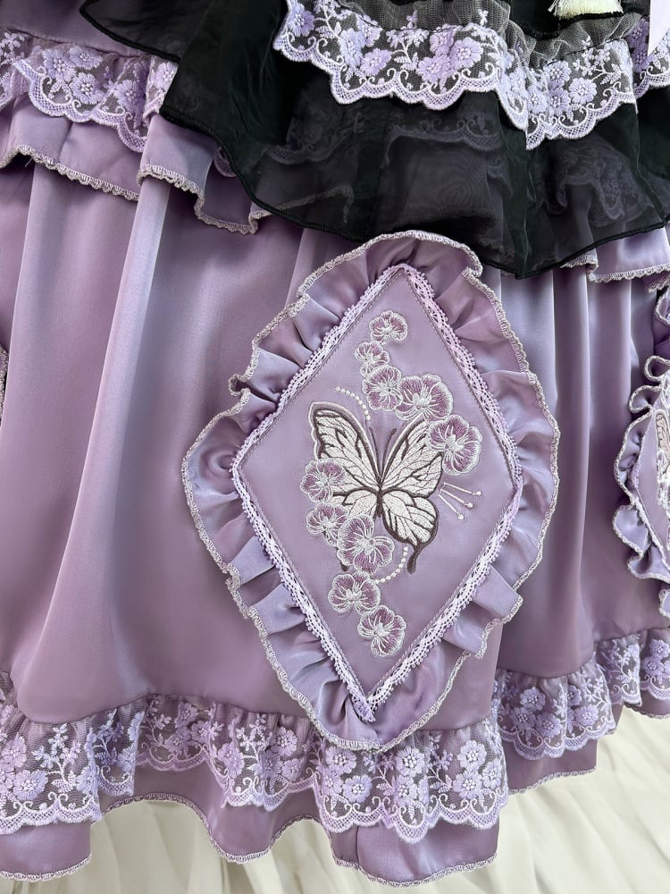 Lilafarbenes Han Lolita-Kleid mit Schmetterlingen und Blumen, komplettes Set