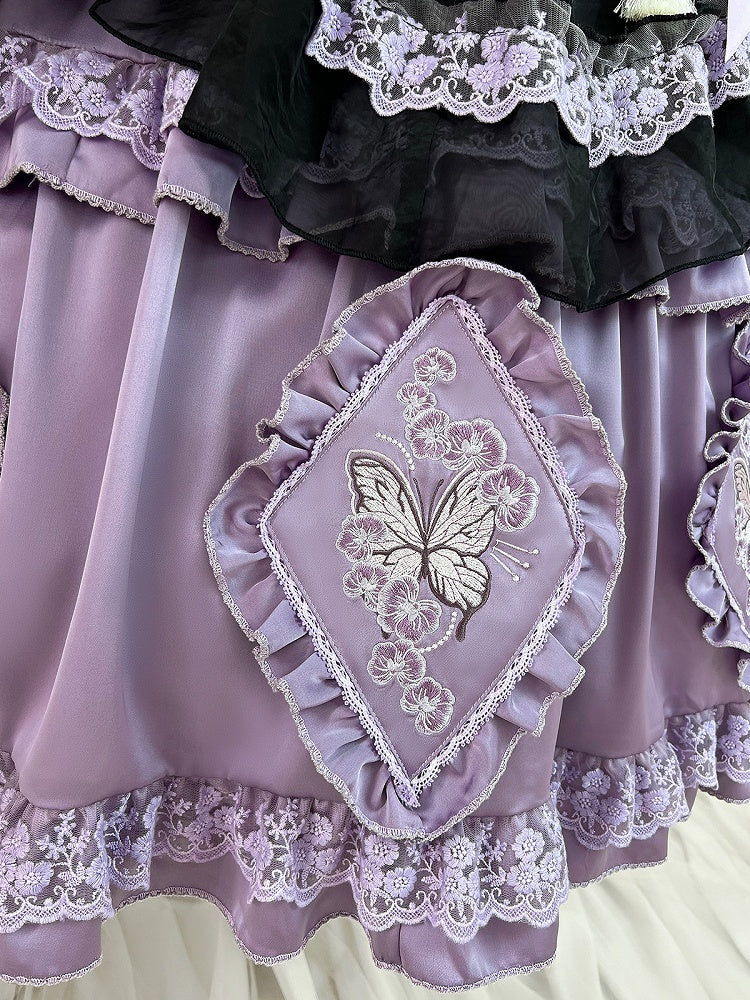 Delicate Butterfly Apron Lolita Dress Black Set Purple Han and Embroidery Full Floral +