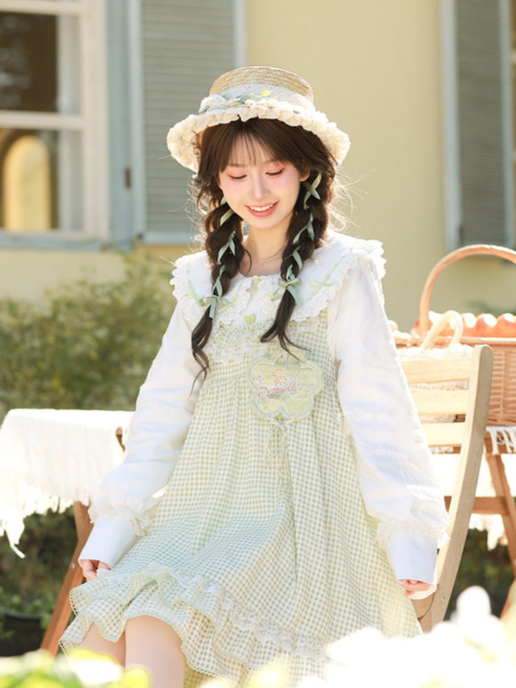 Green and White Plaid Ruffle Hem Overalls Mori Kei Dress