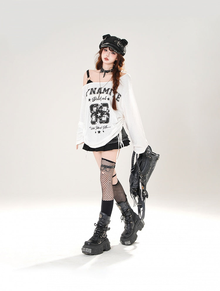 Asymmetrical Neckline Number and Letter Print Drawstring Side