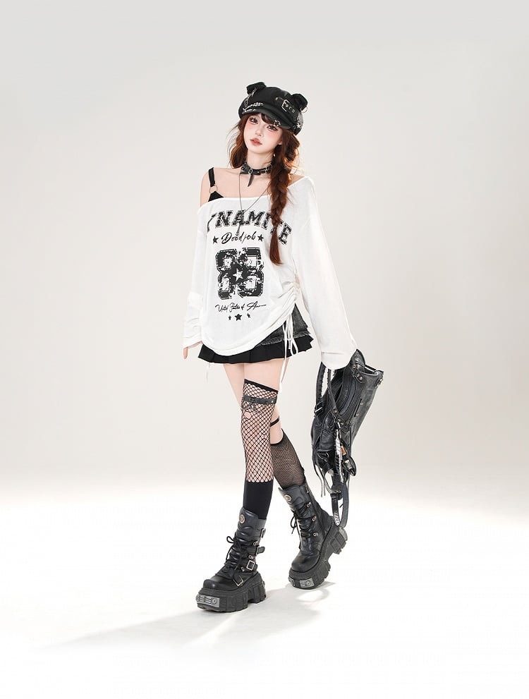 Side Asymmetrical Neckline Number and Letter Print Drawstring