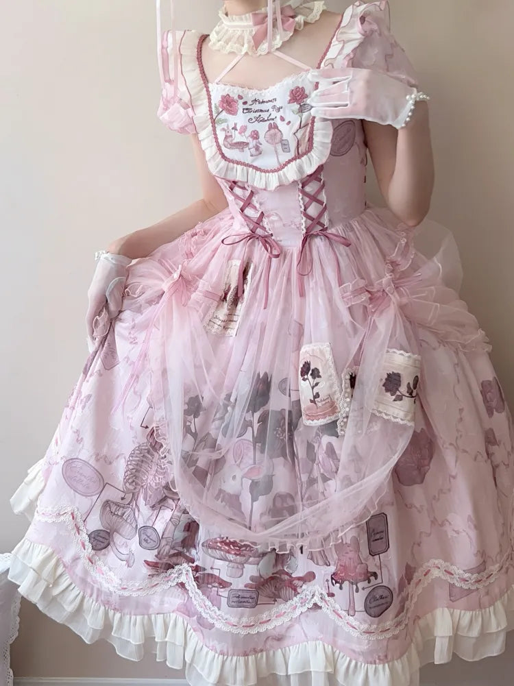 Waist Scalloped Pink Trim Bunny Edge Princess Dress Skirt Lolita Print Ruffle Basque