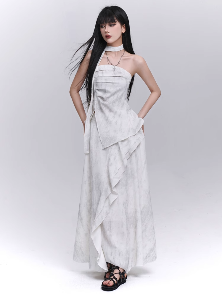 Off-white Side Strapless Top / Elastic Waist Scarf Slit with
