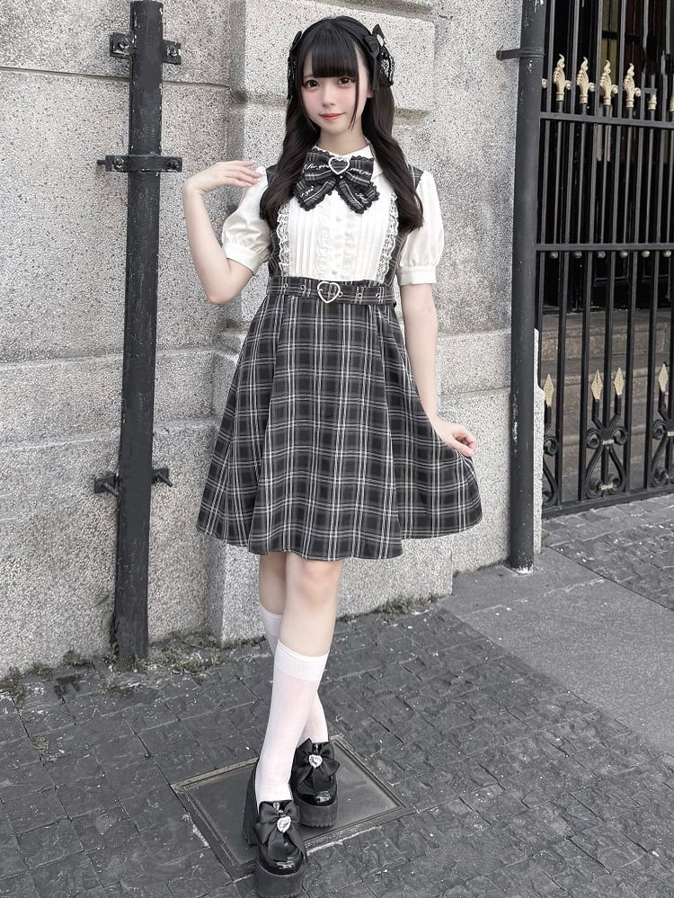Bow Dress Two-Piece Detachable Kei Heart Plaid Black Belt Jirai Tie Design with Buckle Faux