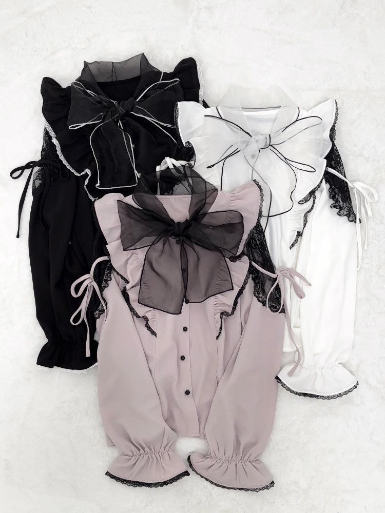 Jirai Kei Schwarz/Weiß/Dusty Cutout Schulter Bluse Schleife Ausschnitt Big Pink