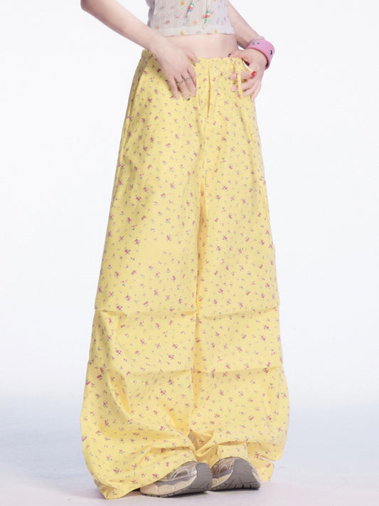 Light Yellow Drawstring Waist Floral Wide-leg Casual Pants