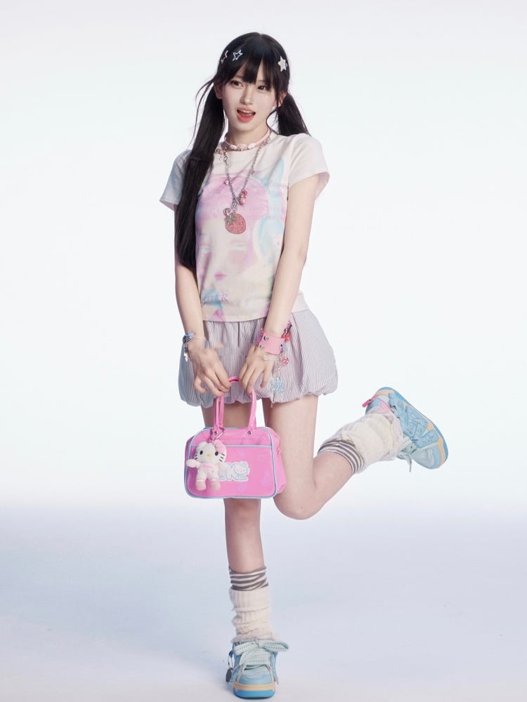 Embroidery Mini Bubble Skirt Pattern White Striped Letter