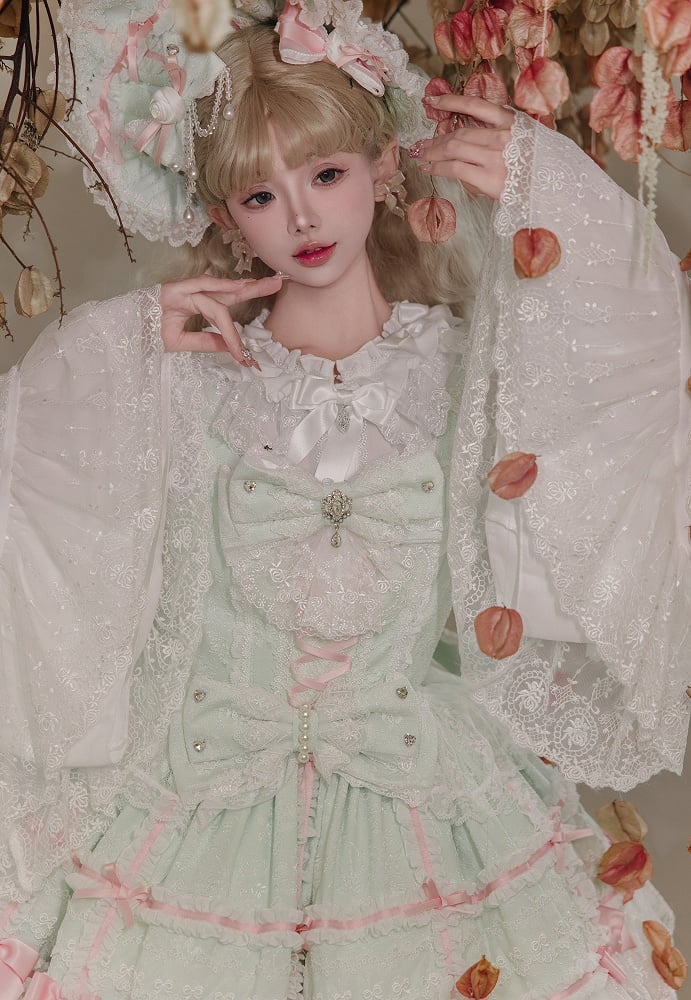 Mintgrüner Hanayome-Lolita-Pulloverrock mit Schleifenverzierung, süßes Hime-Lolita-Pulloverrock-Set