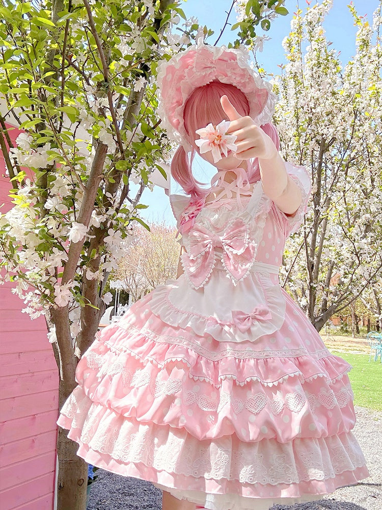 Dots Square Apron White Short Polka Dress Lolita with Sleeves Neckline Pink