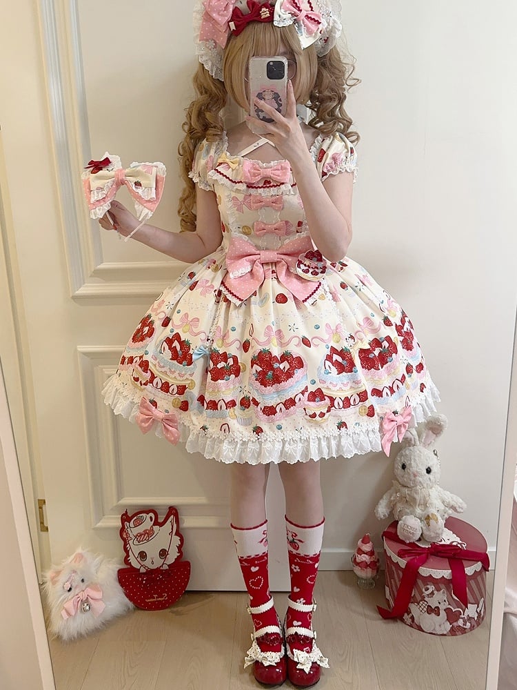 Lolita Short One White Sleeves Piece Sweet Dress Creamy Strawberry Print Cute Cake