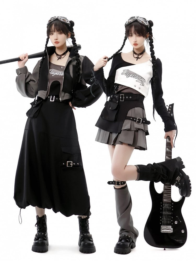Futuristischer Cargo-Techwear-Rock im Layering-Stil mit Kellerfaltentaschen