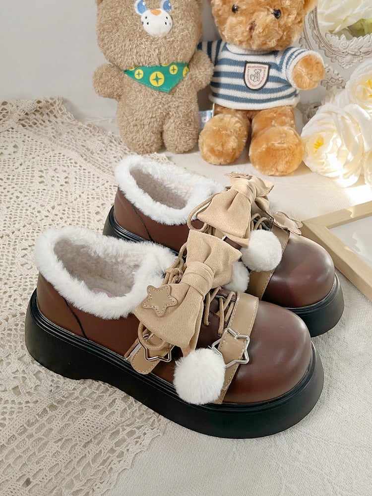 PU Schuhe Braun Abnehmbare Winter Star Lolita Akzent Süße Schleife Plattform Details Leder
