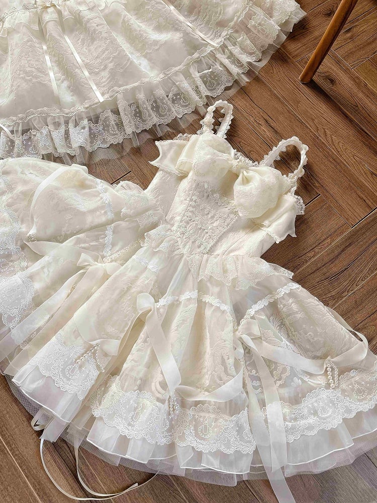 Dress Princess Lolita White Waist on and Ribbon Bows Beads Basque Skirt Creamy