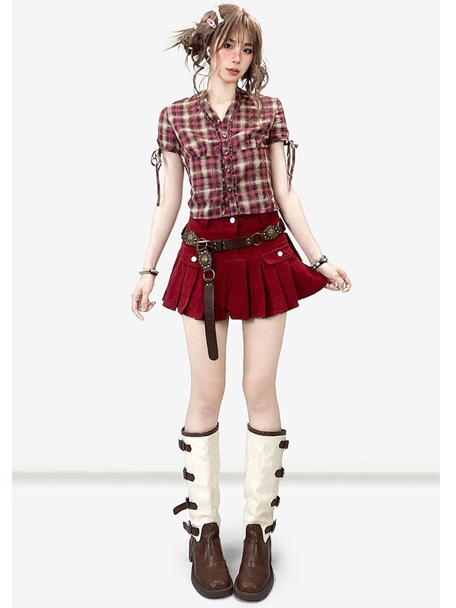 Plaid Sleeves Ruffles Trim Pattern Shirt V-neck Y2K Short RedBrown