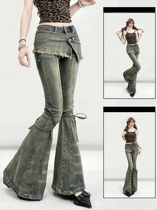 Design Jeans Silhouette Lace-up Faded Glamorous Wash Bittersweet Detail Kawaii Green Flare