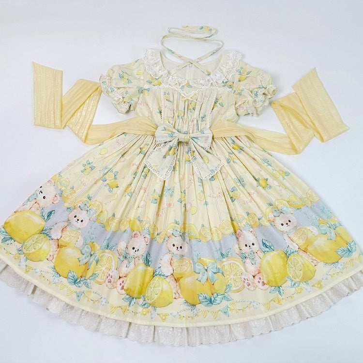 Lemon Yellow Lolita Sleeves Print Sweet Short Dress Teddy and