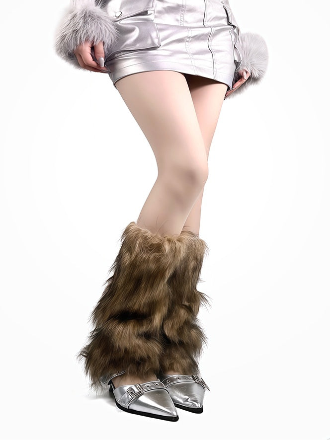 White/Brown Y2K Shaggy Leg Warmers