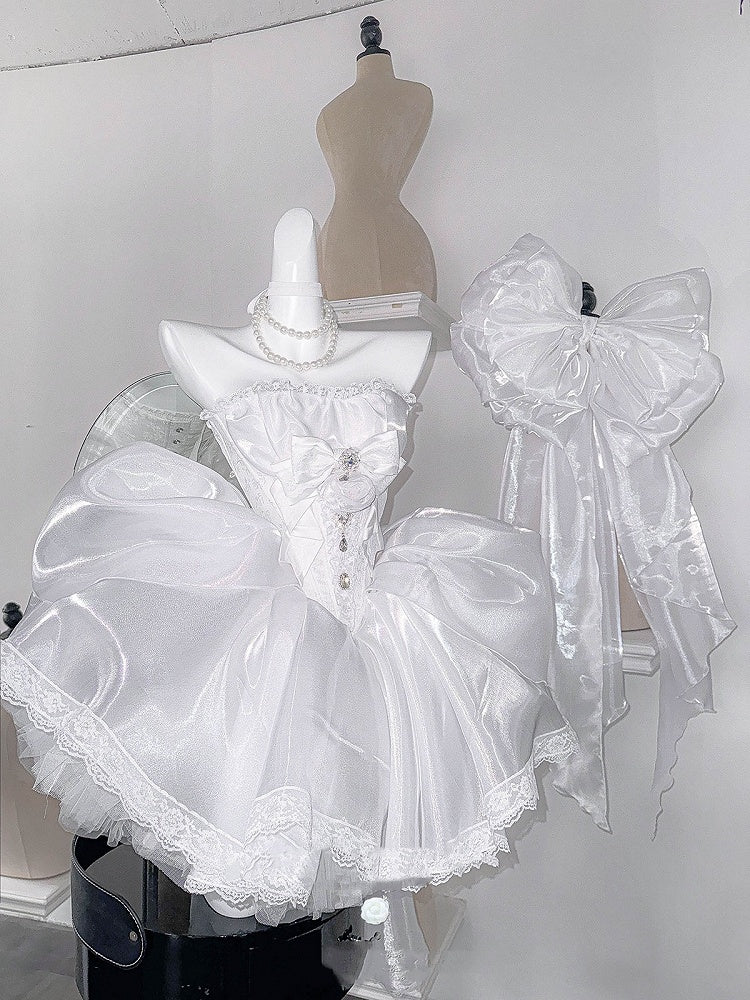 Rhinestones Balletcore Puffy Skirt White with Decorated Set Boned Corset Waist Strapless Top