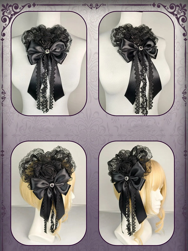 蝶結びのロリータハート型黒ヘアクリップゴシックフローラル