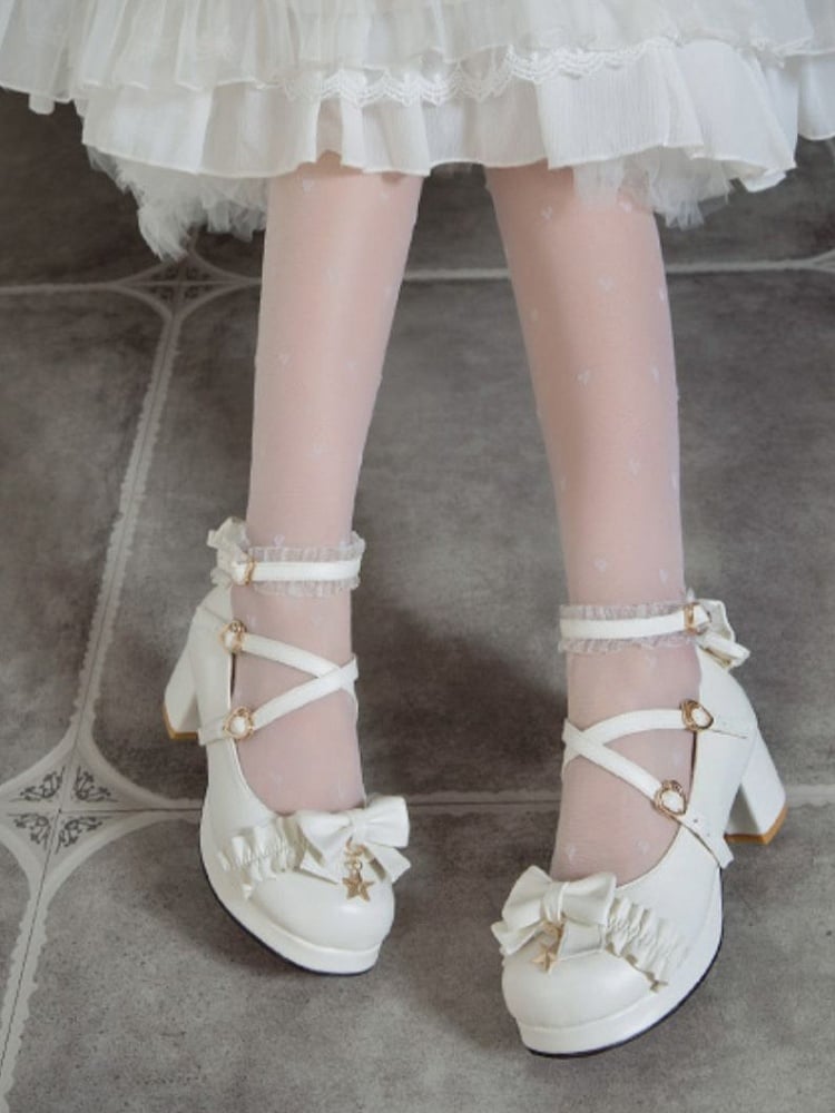 Block Heels with Charm Star Heart White Trim Buckles Lolita Ruffles Top Mid Bow