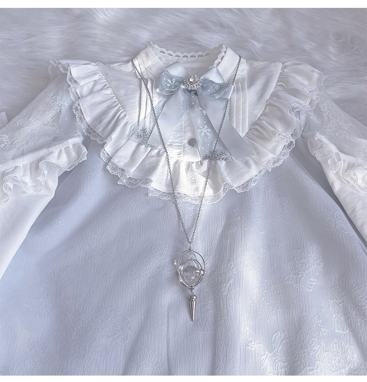 Robe Jirai Kei bleu clair à manches longues et bordures en dentelle style mines terrestres