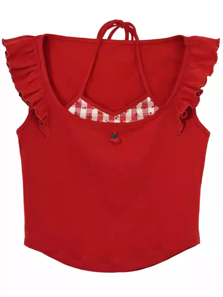 Faux Tank Top Neckline Embroidery Red Halter Neck Flutter Sleeves Cherry Two-pieces