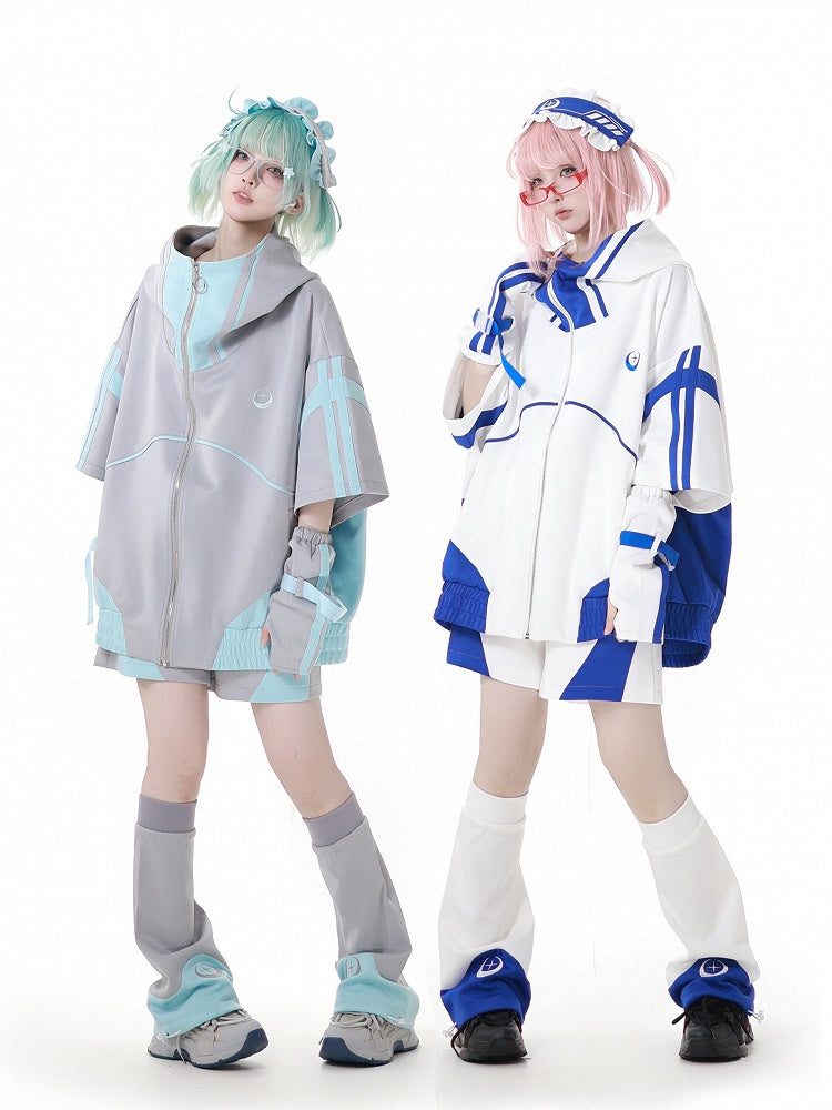 Blau-weißer Jirai Kei Techwear-Trägerdesign-Kapuzenpullover mit kurzen Ärmeln und Reißverschluss