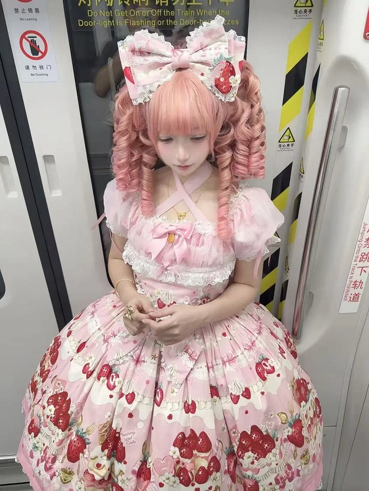 Pink Print Dress Lolita Cake Short Sleeves Sweet Strawberry