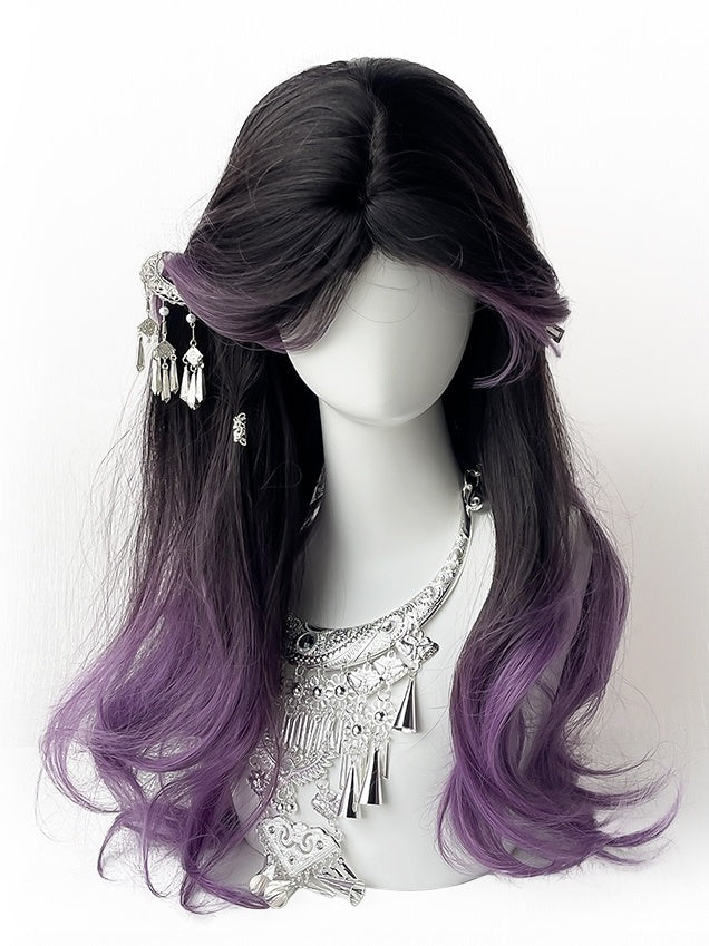 Black-purple Ombre Long Wavy Synthetic Wig With Curtain Bangs