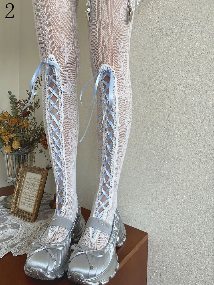 Floral Tights Blue Hollow-out Pattern Lace-up Detail