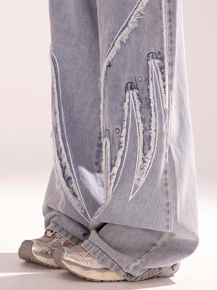 Vintage Wide-leg Jeans Light Blue Rise Wings Embroidery Applique Low