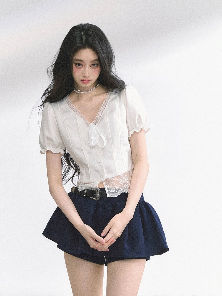 White Neckline Lace Hem Puff Sleeves Blouse Straps Self-tie