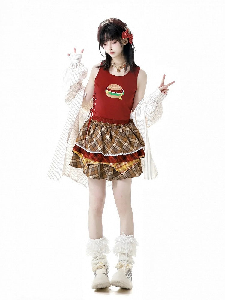 Detail Trim White/Red Burger Print Lace Tank Top with Lace-up