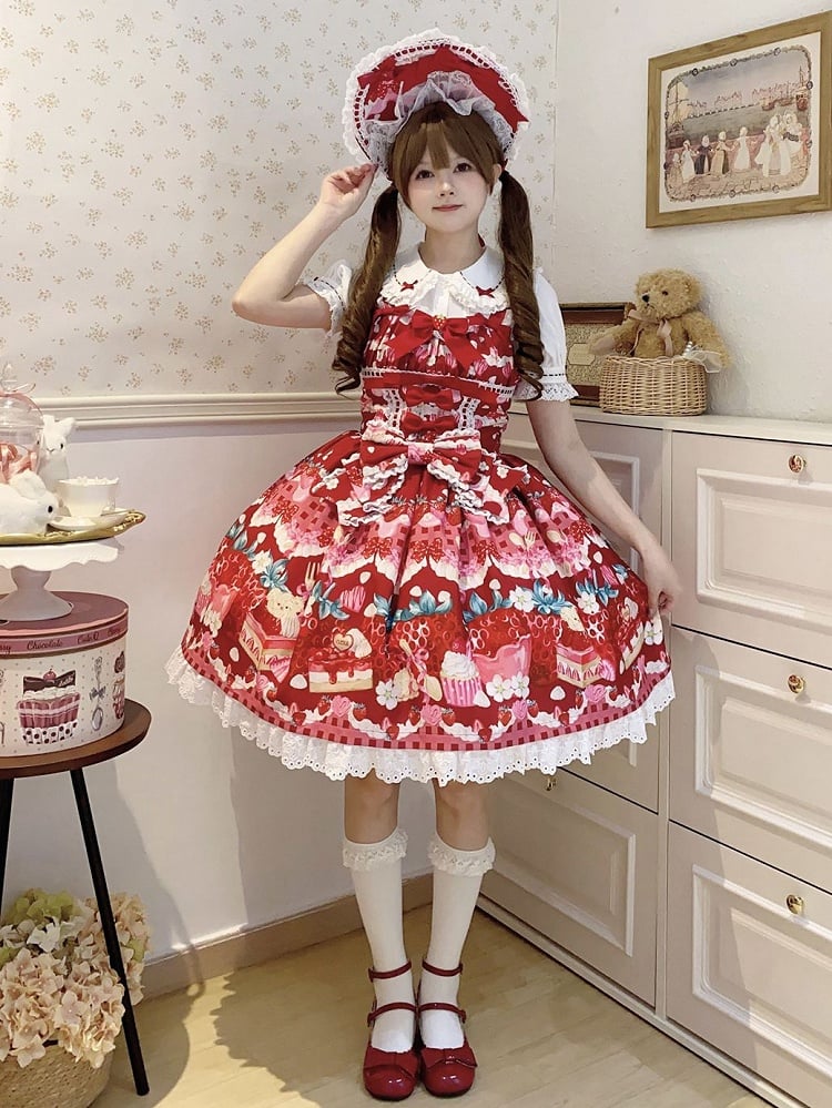 Sweet and Strawberry Print Lolita Dessert Dress Red