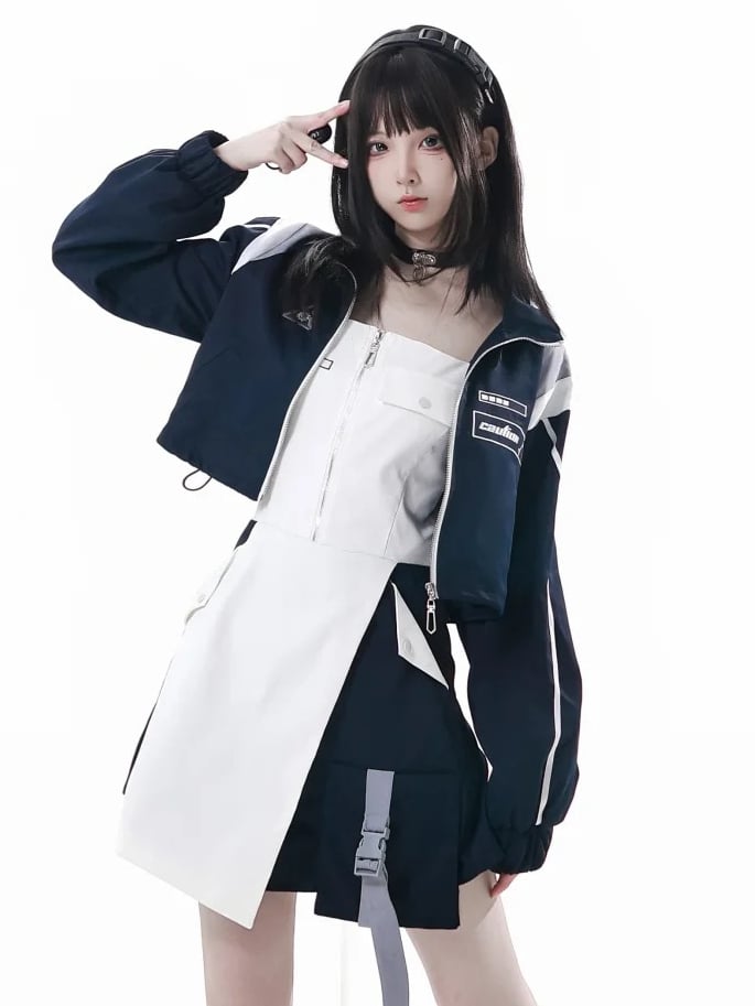with Loading Bar Embroidery Partial Front Zipper Blue White Colorblock Techwear Dress