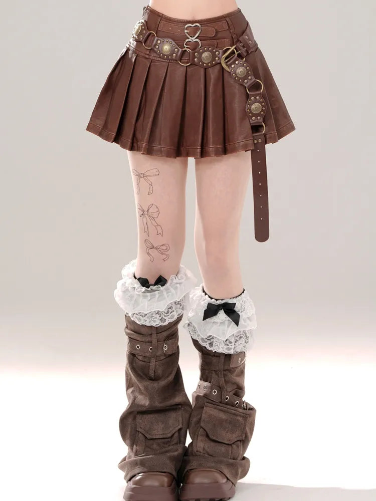 Buckle Pleated Straps Skirt Black/Brown