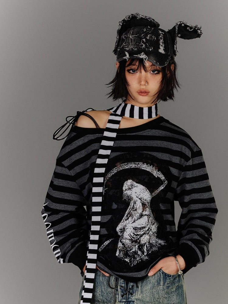 Black Gray Stripes Applique Design Asymmetrical Neckline Drawstring Punk Top