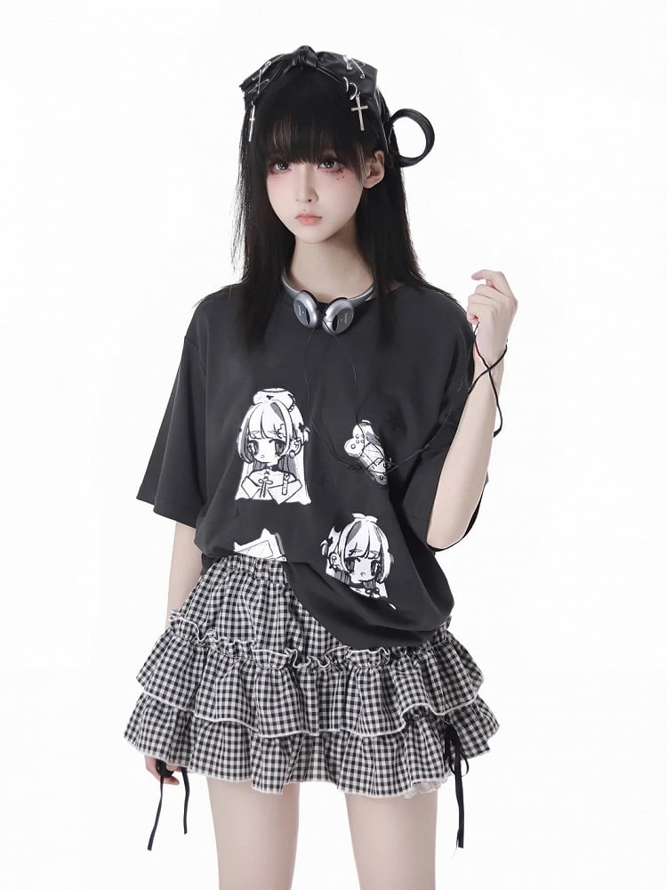 Graues T-Shirt Anime Girl Print Weiß/Dunkel Rundhals Baumwolle