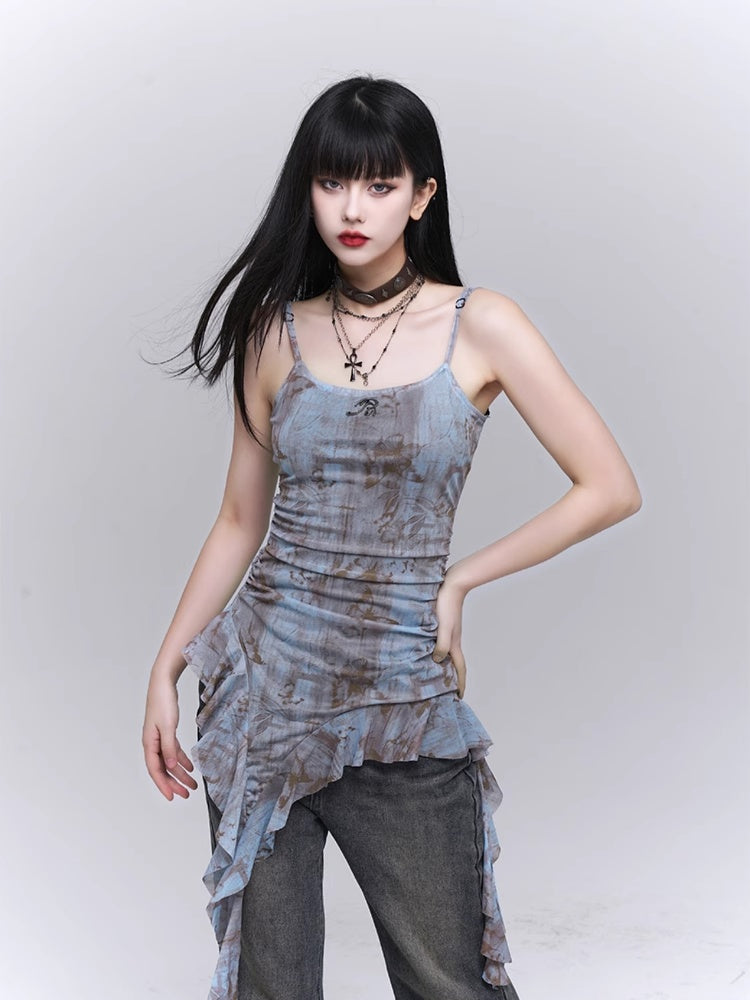 Haut caraco glamour bleu clair asymétrique à volants et taille froncée