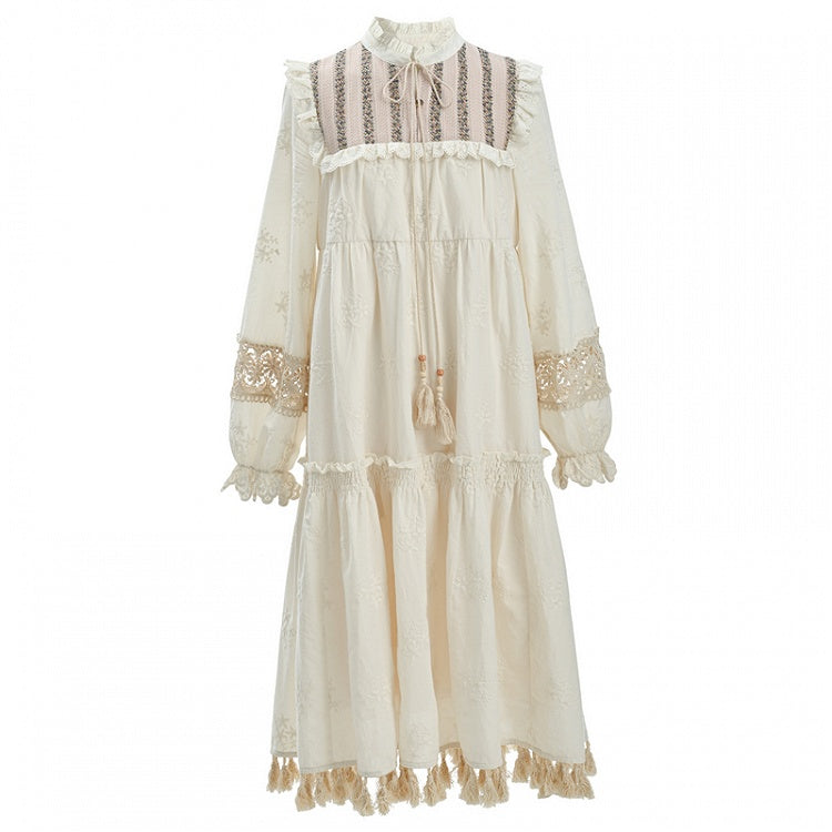 Beige Tassel Hem Dress Long/Regular Version